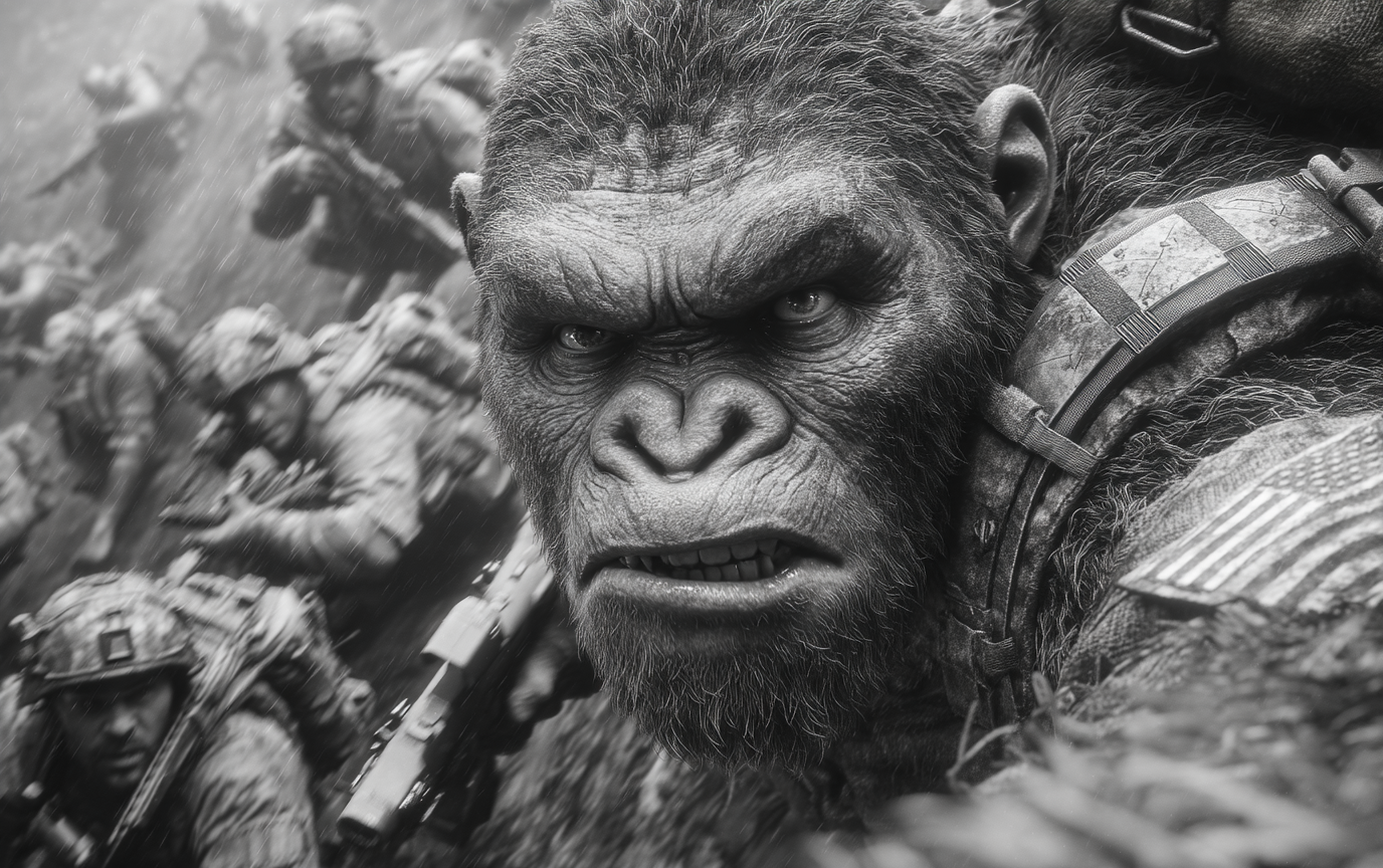 Gorilla Nixon leads troops across a rain-soaked ridge in the Central African Highlands during the Battle of Thunder Ridge, surrounded by soldiers advancing through heavy rain and rugged terrain. The scene conveys urgency, determination, and the intensity of battle. No visible text.