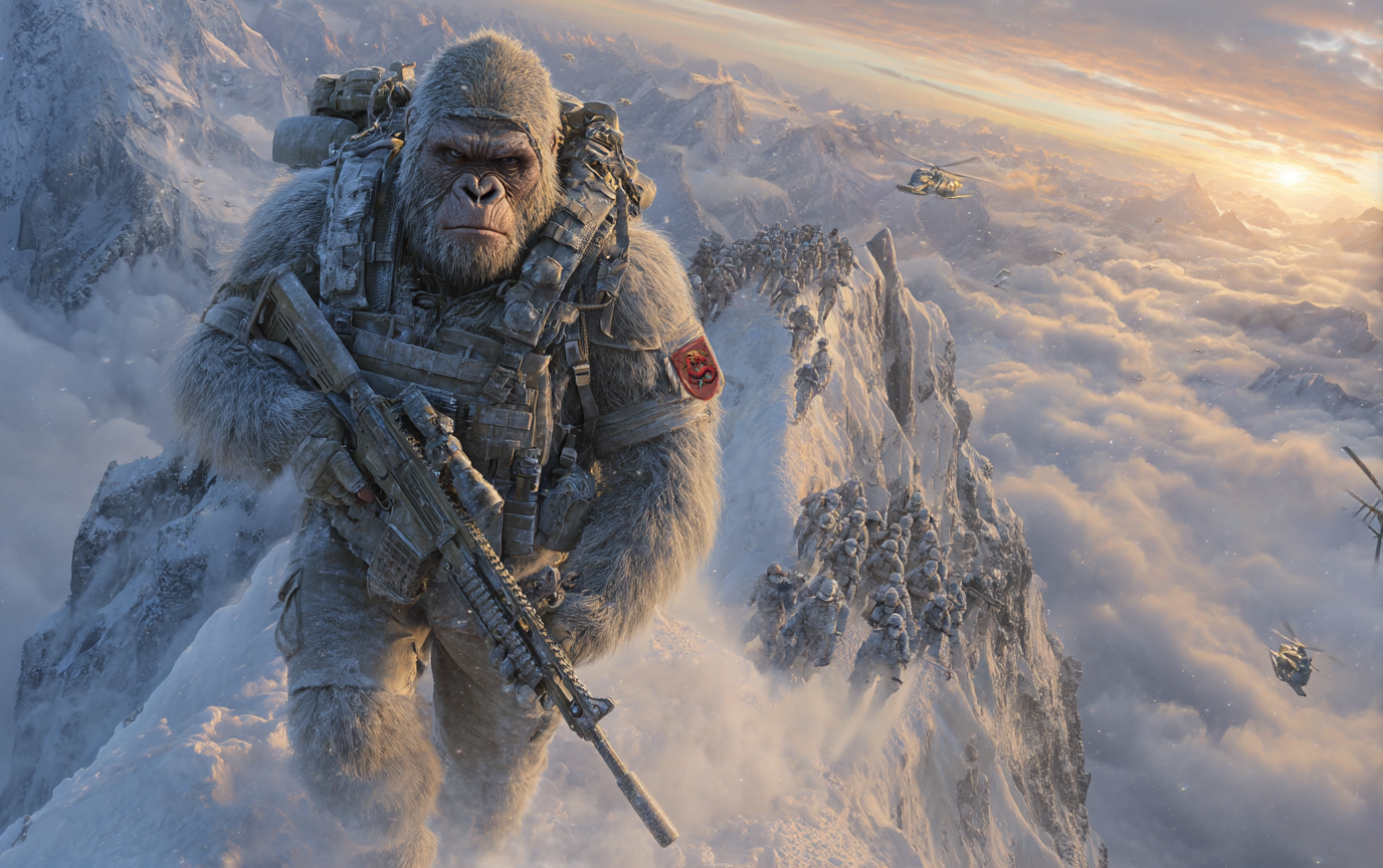 Gorilla Nixon, a massive gorilla in advanced alpine military gear, ascends a snowy mountain ridge with a sniper rifle in hand. Behind him, a squad of soldiers climbs the steep, icy slope while helicopters hover above the dramatic, cloud-filled Swiss Alps at sunrise. The scene conveys determination, teamwork, and the intensity of high-altitude warfare. No visible text in the image.