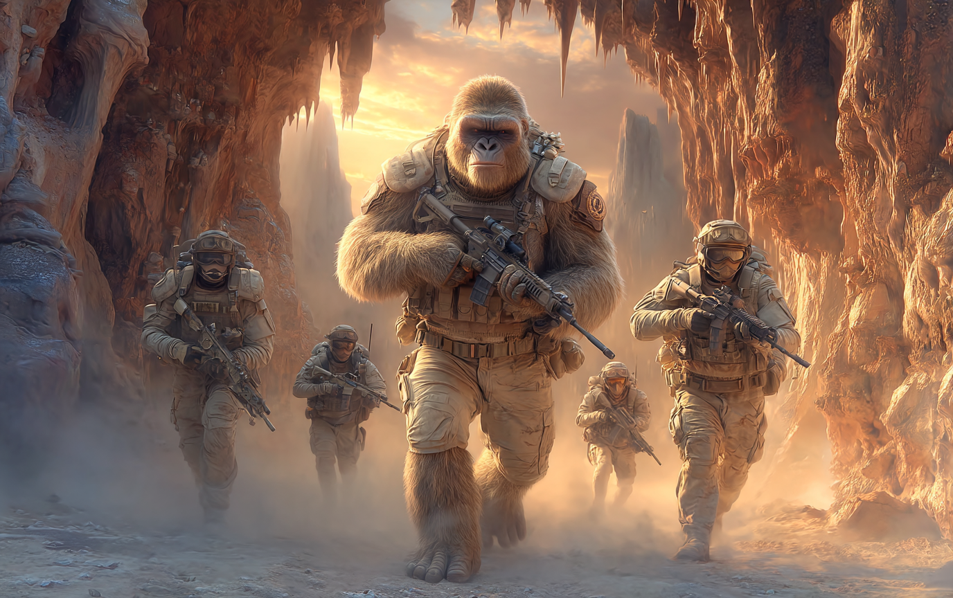 Gorilla Nixon, a massive gorilla in tactical military gear, leads a squad of armed soldiers through a dramatic canyon landscape at sunset. The team moves with determination and alertness, surrounded by towering rock formations and swirling dust. The scene conveys intensity, teamwork, and a sense of imminent action. No visible text in the image.