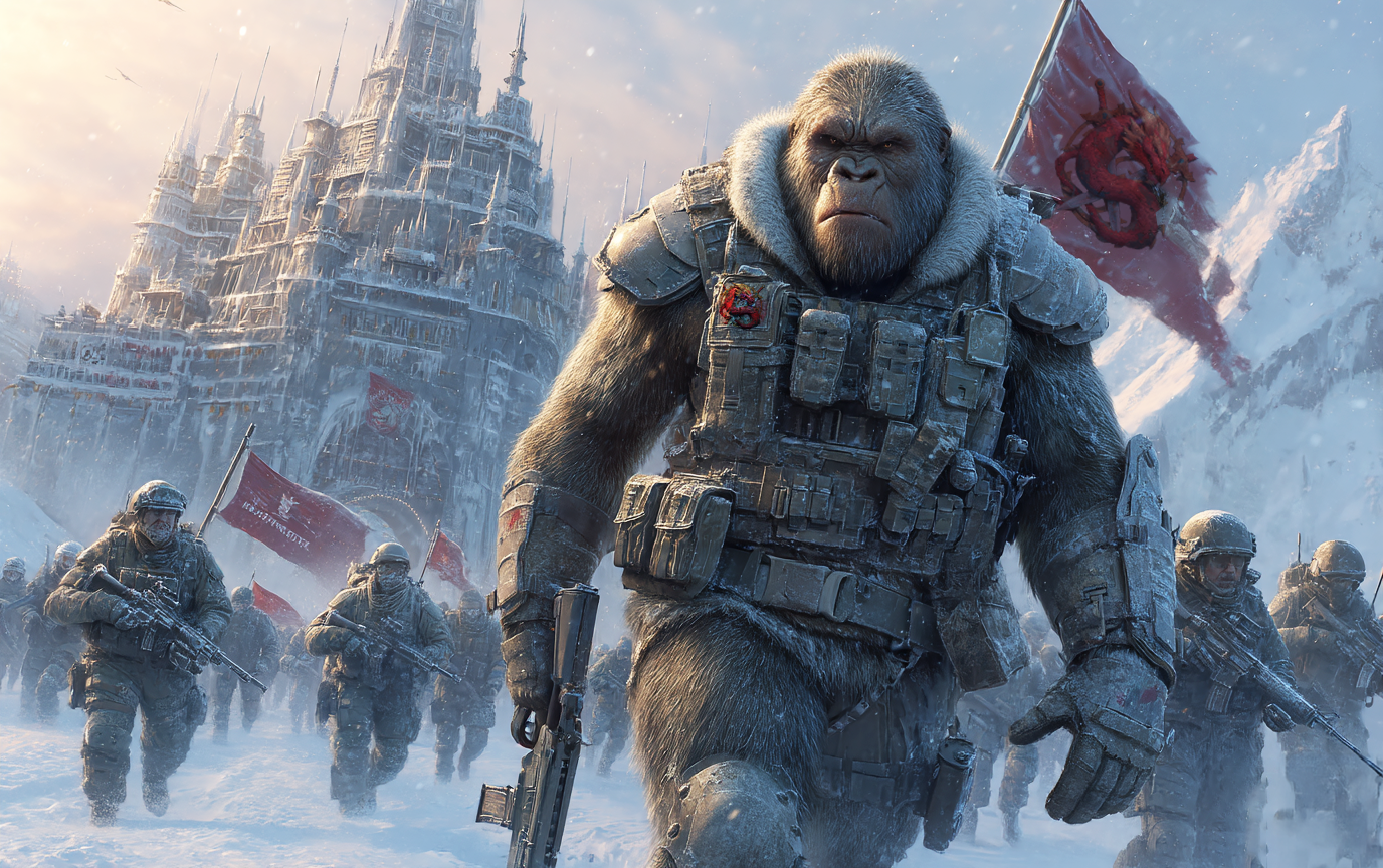 Gorilla Nixon in heavy winter military gear leads a squad of soldiers through deep snow toward a massive ice-covered fortress with red flags, set against a backdrop of jagged mountains and a cold, overcast sky. The scene conveys determination, unity, and the harshness of the Siberian tundra during a tense siege. No visible text in the image.