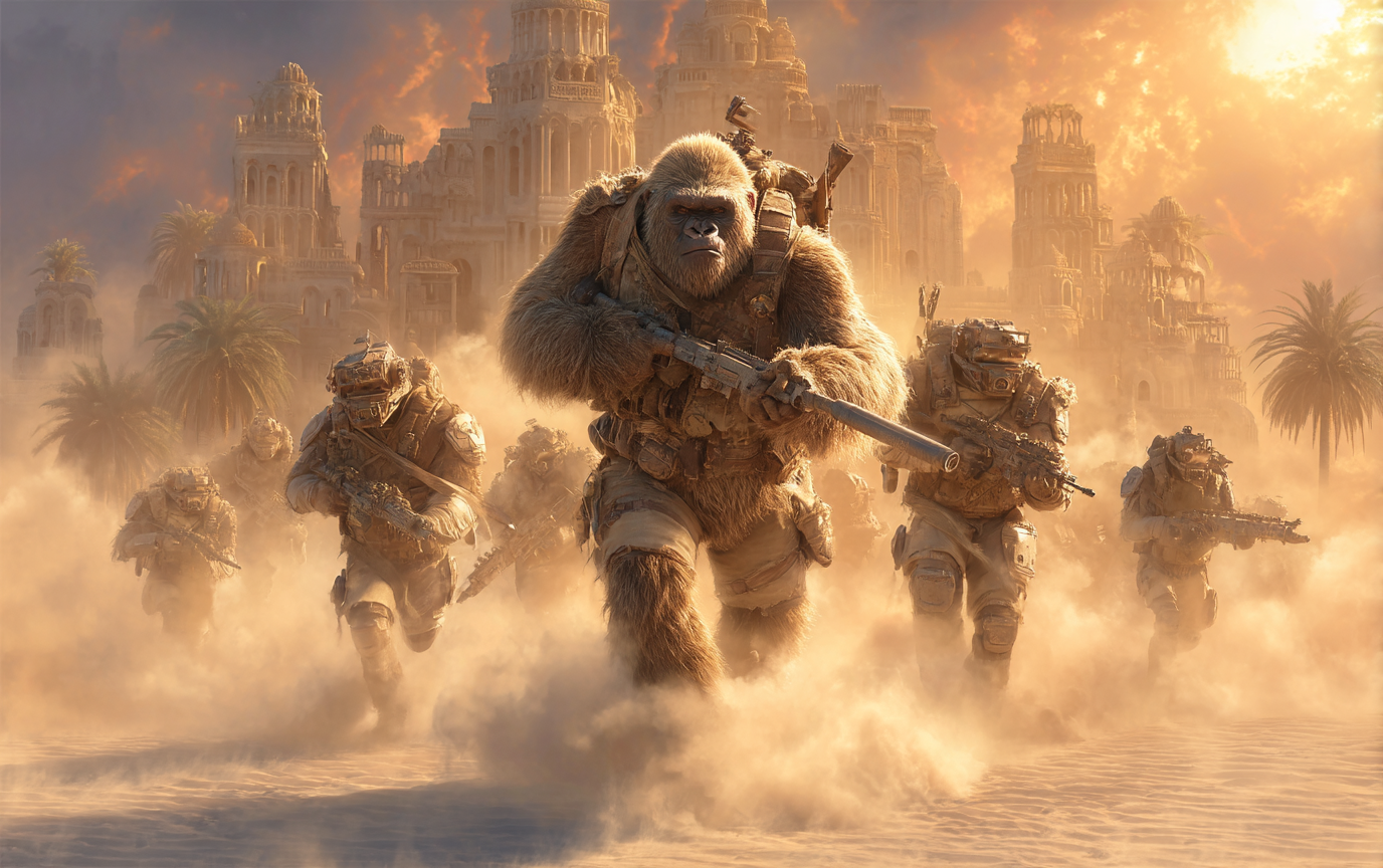 Gorilla Nixon, a powerful white gorilla in explorer attire, crouches in tall golden grass holding a rifle and scanning the horizon with a focused expression. The surrounding African savanna stretches into the distance under a warm sky, evoking a sense of vigilance and readiness. No visible text in the image.