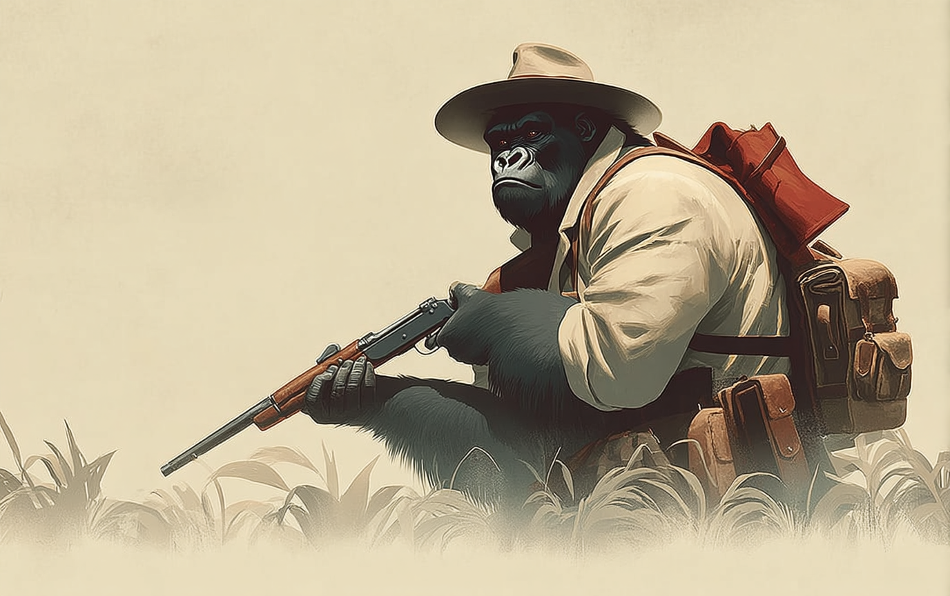 A large gorilla dressed as a frontier explorer crouches in tall grass, holding a rifle and wearing a wide-brimmed hat, white shirt, and leather gear with red backpack. The setting is an open savanna with a calm, focused atmosphere, evoking a sense of vigilance and readiness. No visible text in the image.