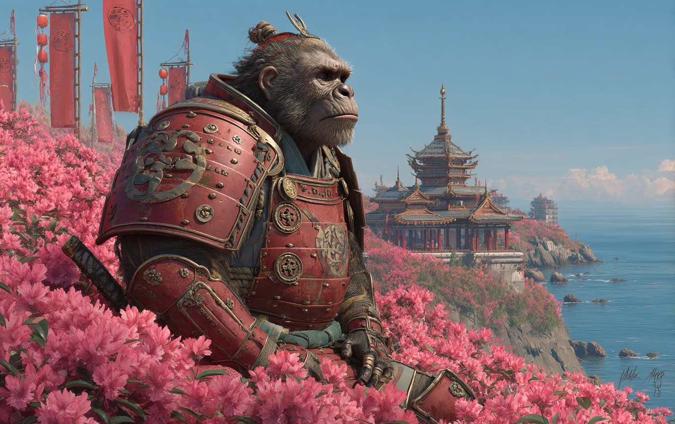 Gorilla Nixon, wearing ornate red battle armor and holding a spear, stands among vibrant pink flowers on a hillside overlooking traditional East Asian pagodas and banners. The scene is set by the sea under a clear blue sky, with an atmosphere of strength, discipline, and heroic determination. No visible text in the image.