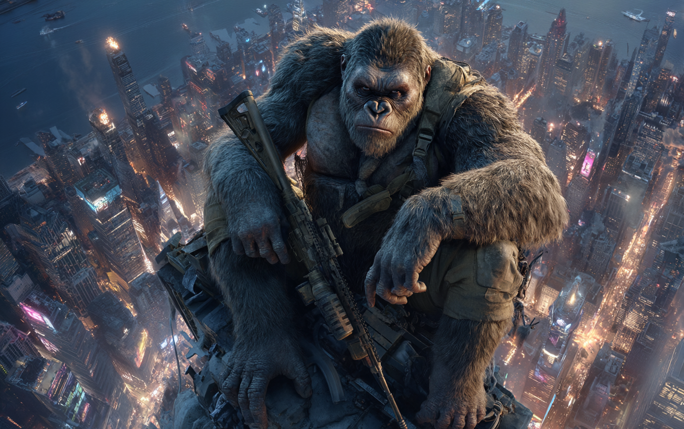 A massive gorilla in military gear sits atop a skyscraper overlooking a brightly lit cityscape at dusk, holding a rifle and appearing contemplative and powerful. The city below is filled with tall buildings, glowing lights, and a river with boats, creating an atmosphere of dominance and strategic vigilance. No visible text in the image.