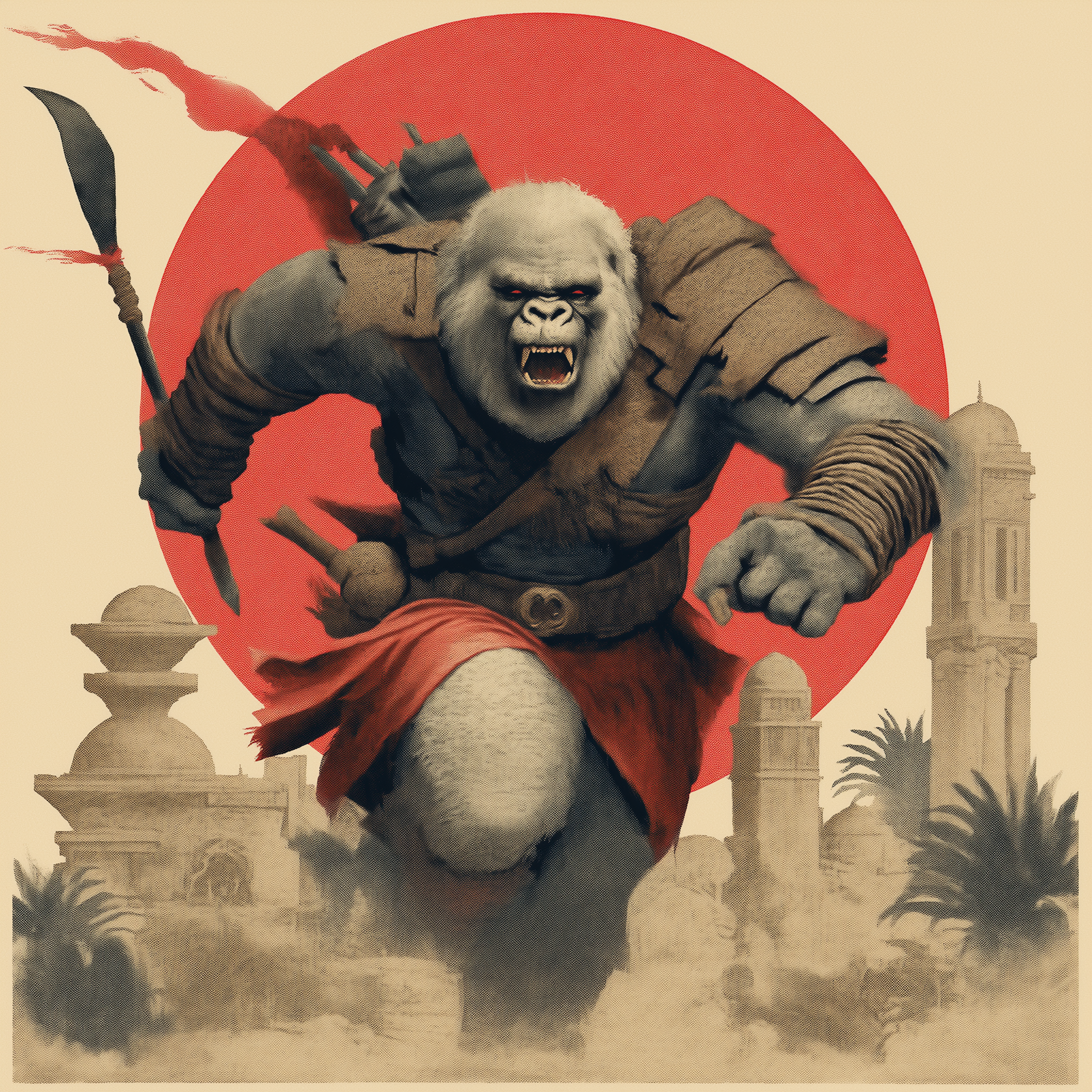 Gorilla Nixon, a powerful white gorilla in battle armor, charges forward with a fierce expression and raised fist, exuding determination and strength. He wears red cloth and carries weapons on his back. The background features ancient stone towers, palm trees, and a large red sun, creating an atmosphere of epic action and legendary heroism. No visible text in the image.