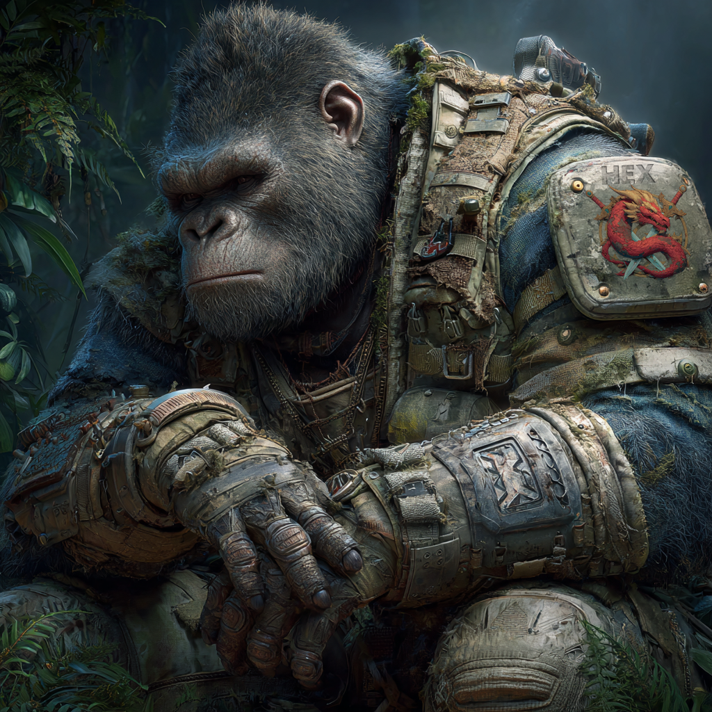 Gorilla Nixon military insignia patch featuring a red dragon coiled around two crossed swords with the word HEX above, displayed on a worn and weathered uniform sleeve surrounded by jungle foliage. The insignia conveys strength and legendary status, with an atmosphere of determination and resilience.